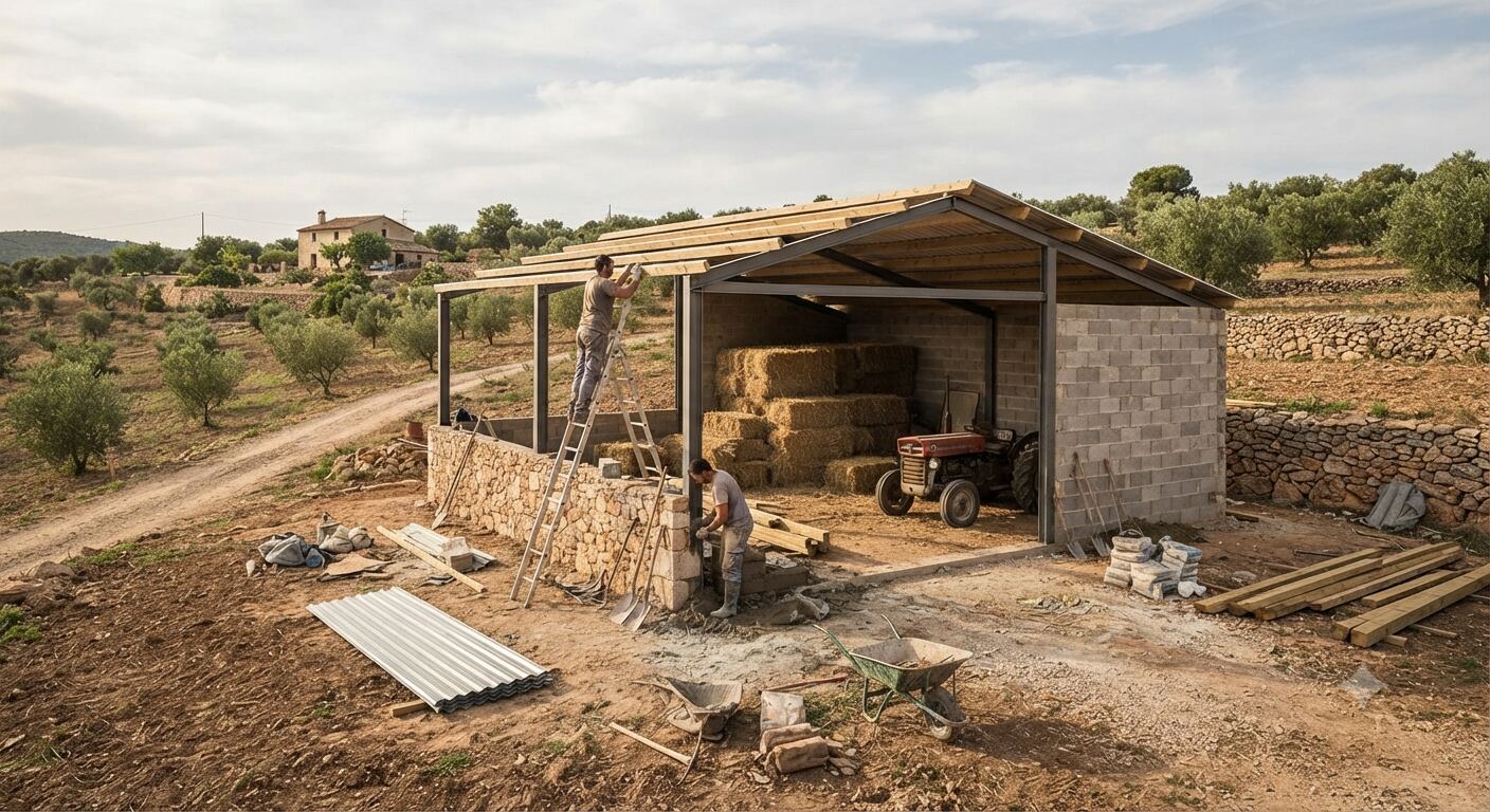 Nave agrícola en construcción en un entorno de olivar mediterráneo