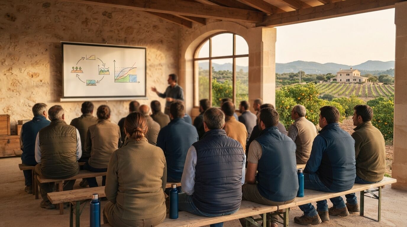 Grupo de agricultores y técnicos asistiendo a una jornada de formación en un entorno rural
