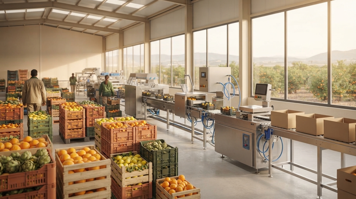 Nave de procesado agroalimentario con cajas de cítricos y línea de envasado, con parcelas de naranjos al fondo bajo luz mediterránea