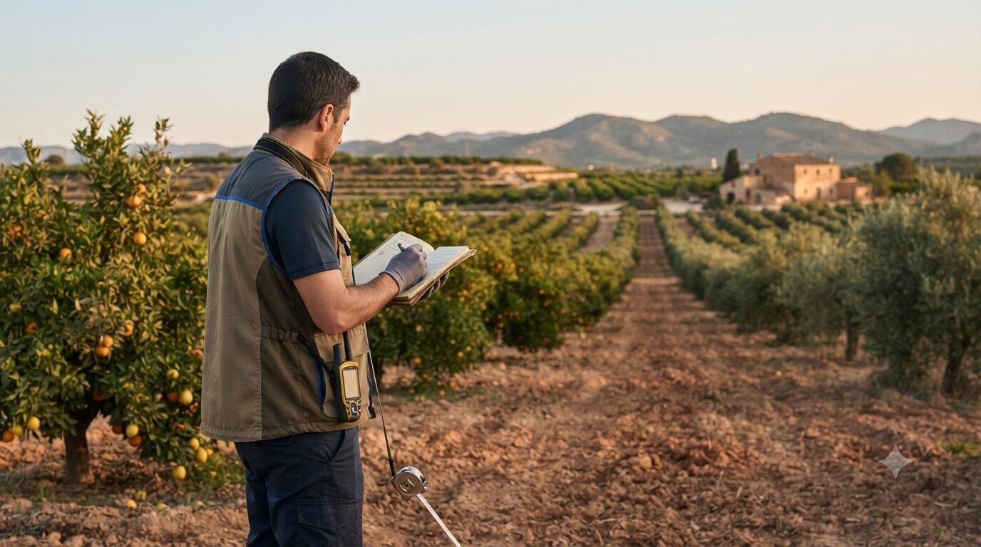 Técnico agrícola realizando una inspección ambiental en una parcela junto a un olivar, con cuaderno de campo