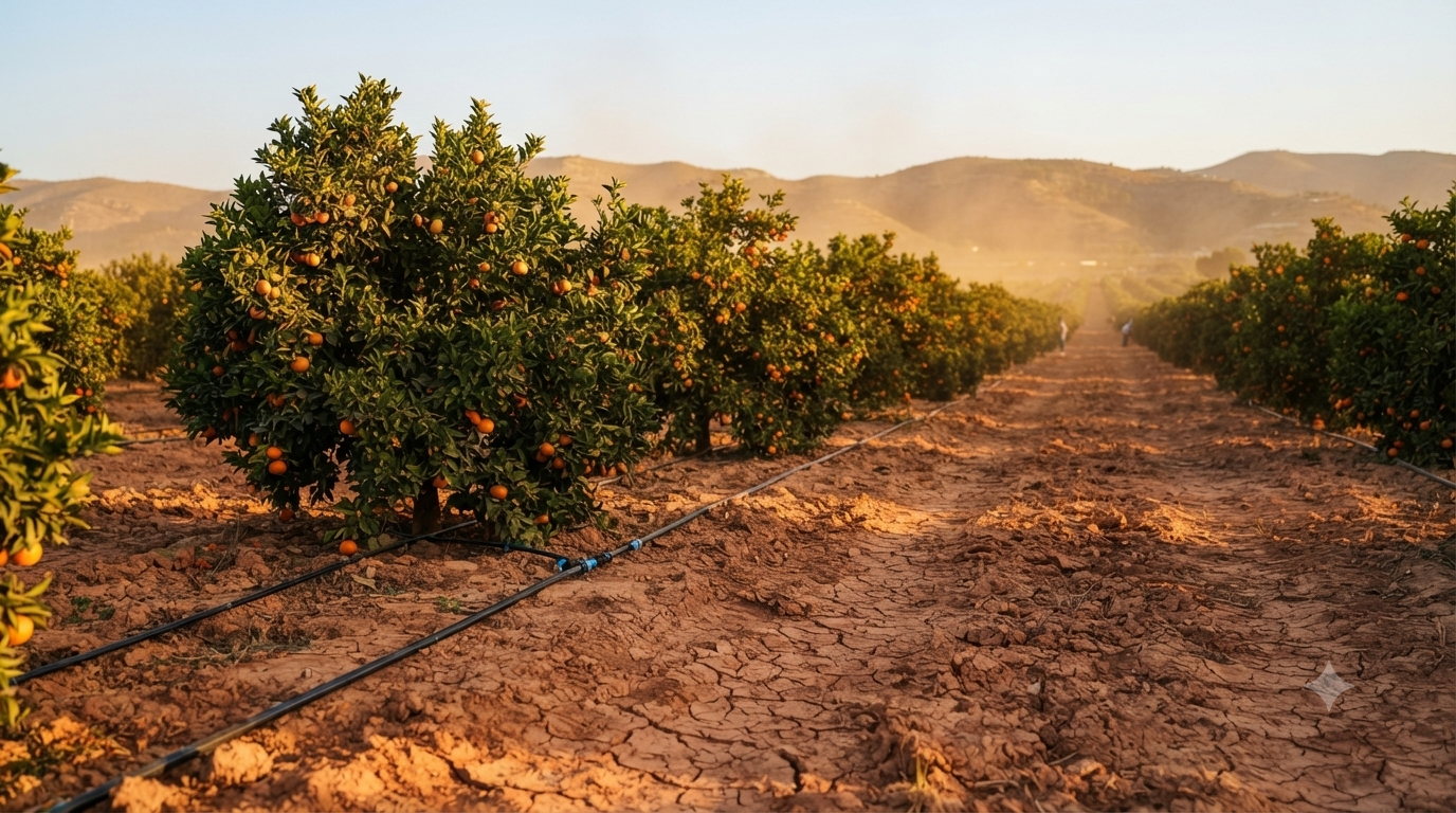 Hilera de cítricos valencianos bajo el calor del atardecer, con calima térmica sobre la parcela y una línea de riego por goteo entre los árboles