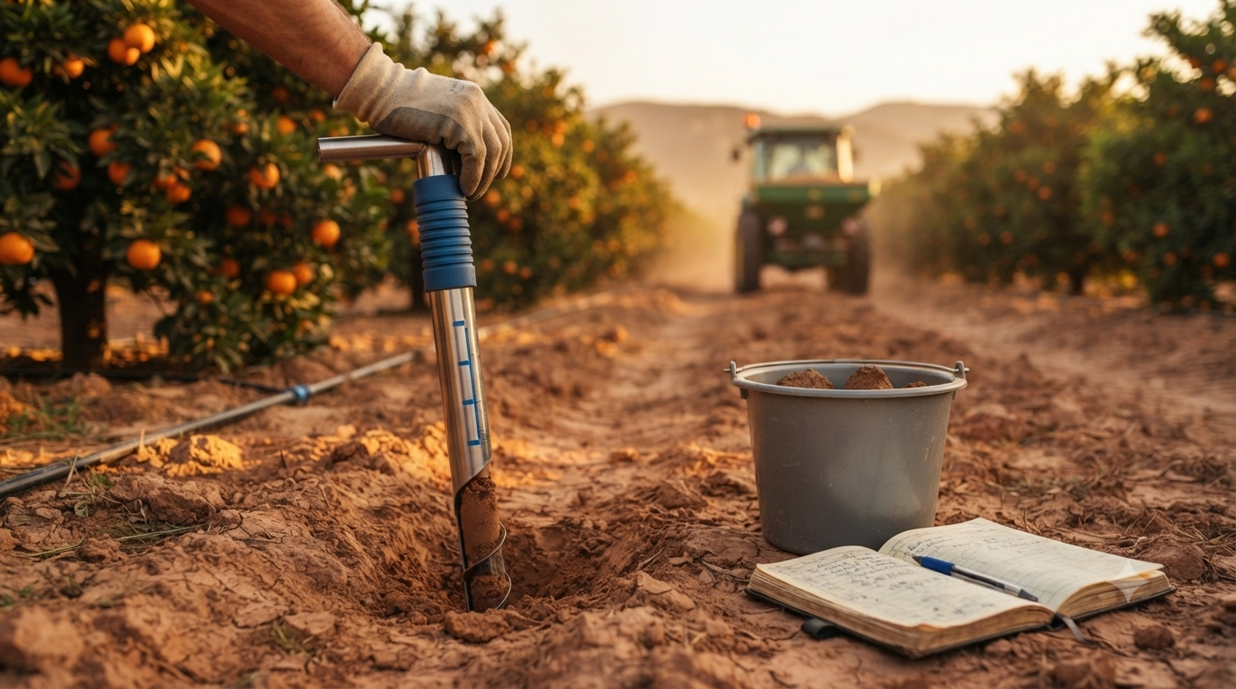 Mano tomando una muestra de suelo con una barrena en una parcela de cítricos valenciana, con un tractor con abonadora al fondo entre los naranjos