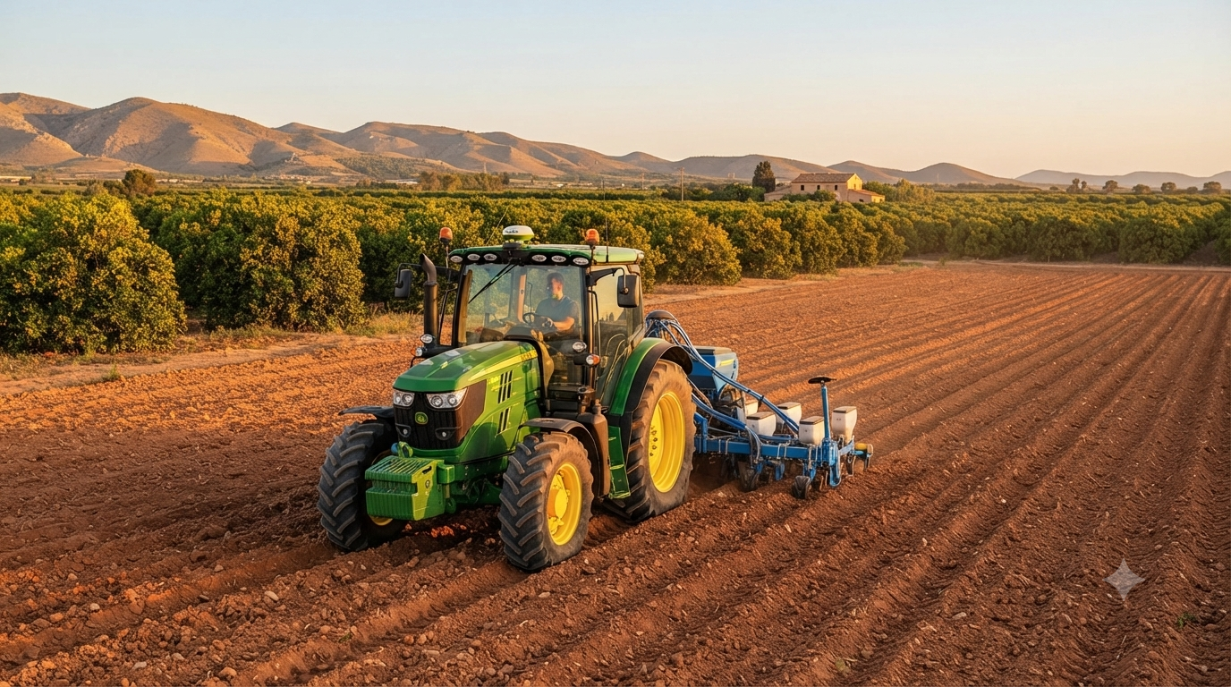 Tractor moderno con sistema de agricultura de precisión trabajando en una parcela agrícola valenciana al atardecer
