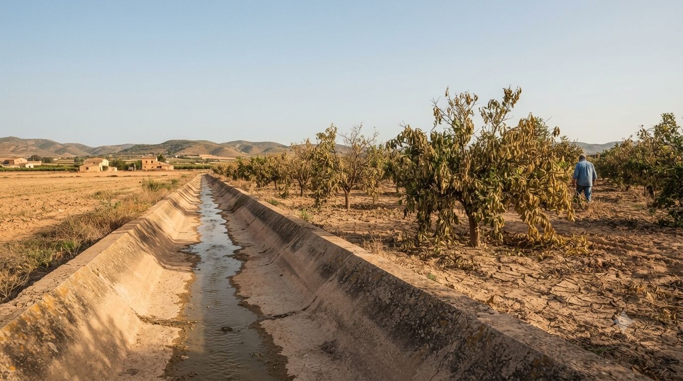 Acequia de riego semivacía junto a una parcela de cítricos con signos de estrés hídrico en el campo valenciano