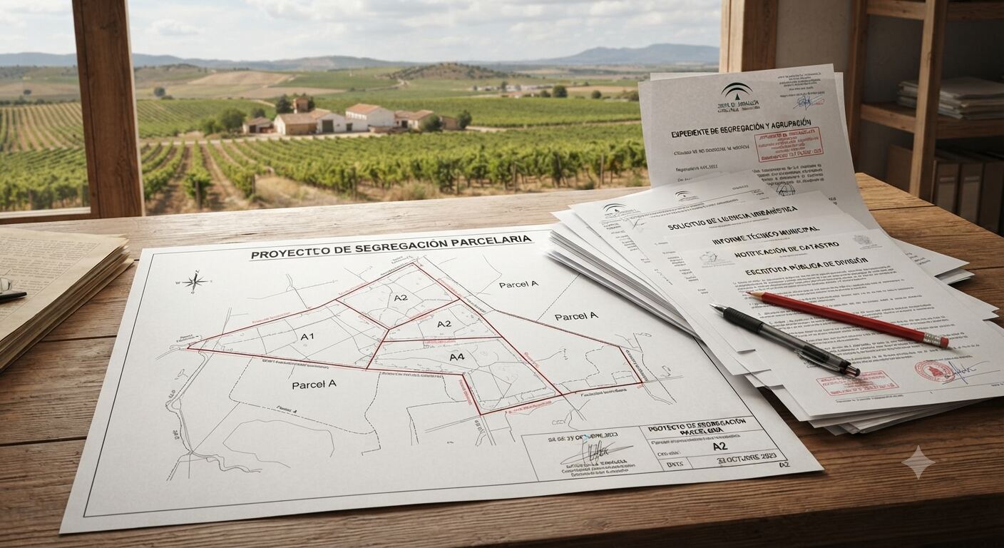 Plano y documentos de un proyecto de segregación parcelaria sobre una mesa