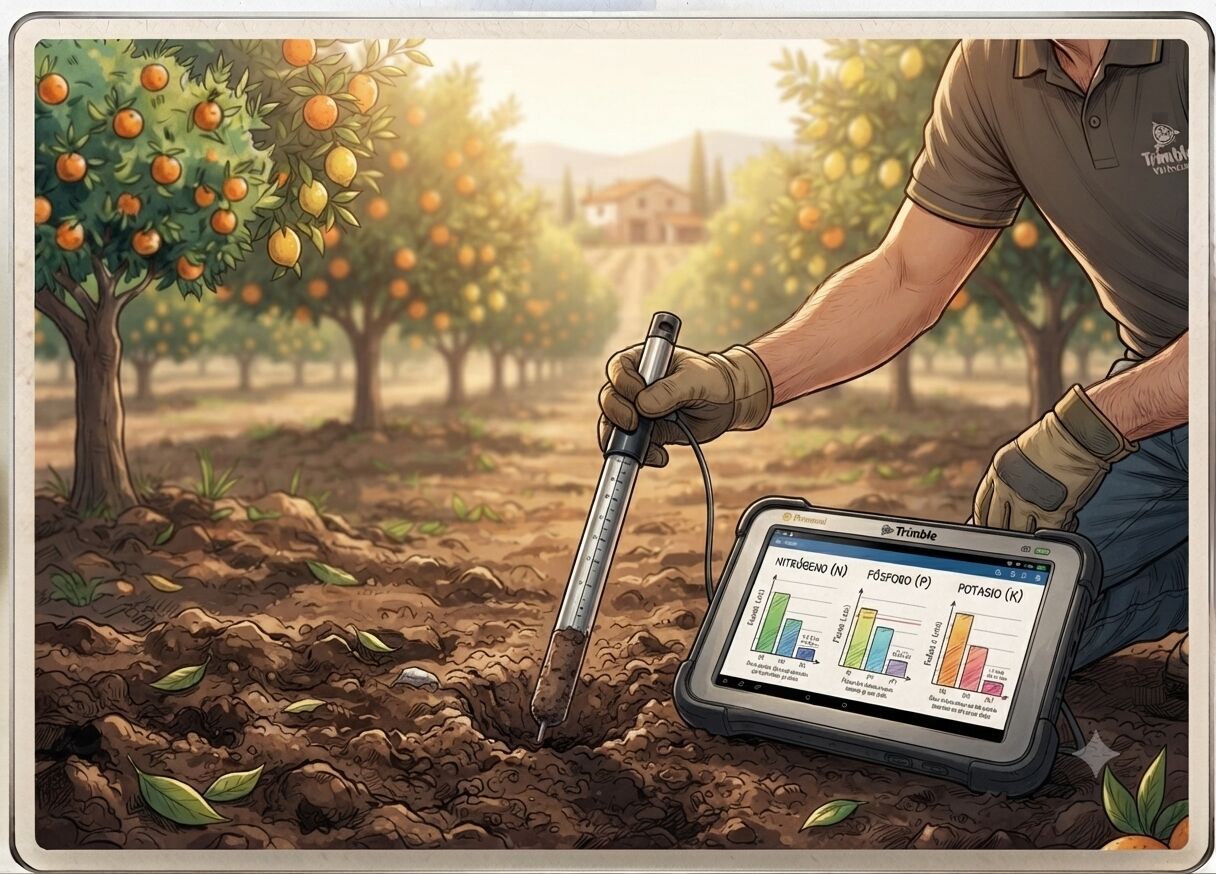 Técnico agrícola tomando una muestra de suelo con sonda en un campo de cítricos, junto a un panel con datos de nitrógeno, fósforo y potasio