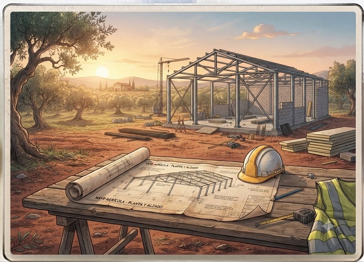Estructura metálica de una nave agrícola en construcción junto a un plano técnico desplegado en obra