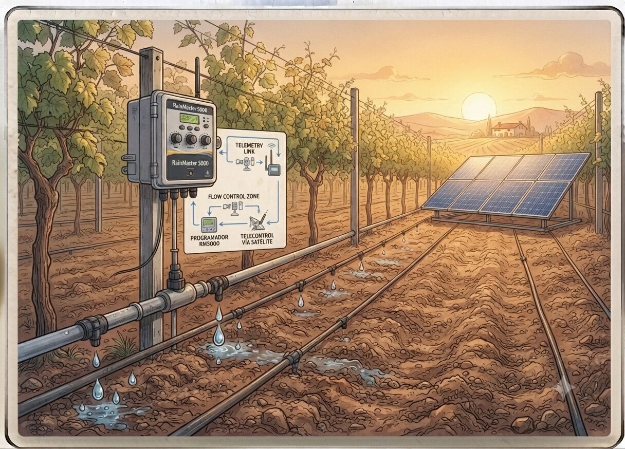 Programador de riego por goteo de precisión junto a placas solares entre hileras de cultivo